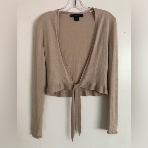 Ralph Lauren Black Label Cashmere Tie Front Cardigan Sweater V Neck Tan - Picture 9 of 9
